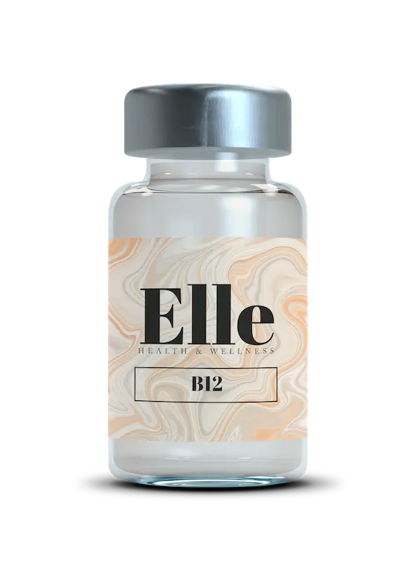 A clear glass bottle labeled "Elle Health & Wellness B12" with a silver cap, containing a marbled design label, promises to bolster your immunity.