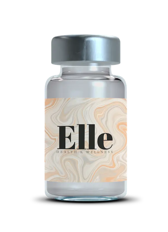 A clear glass bottle with a silver cap, labeled "Elle Health & Wellness—Vitamin Energy" on a marble-patterned background.