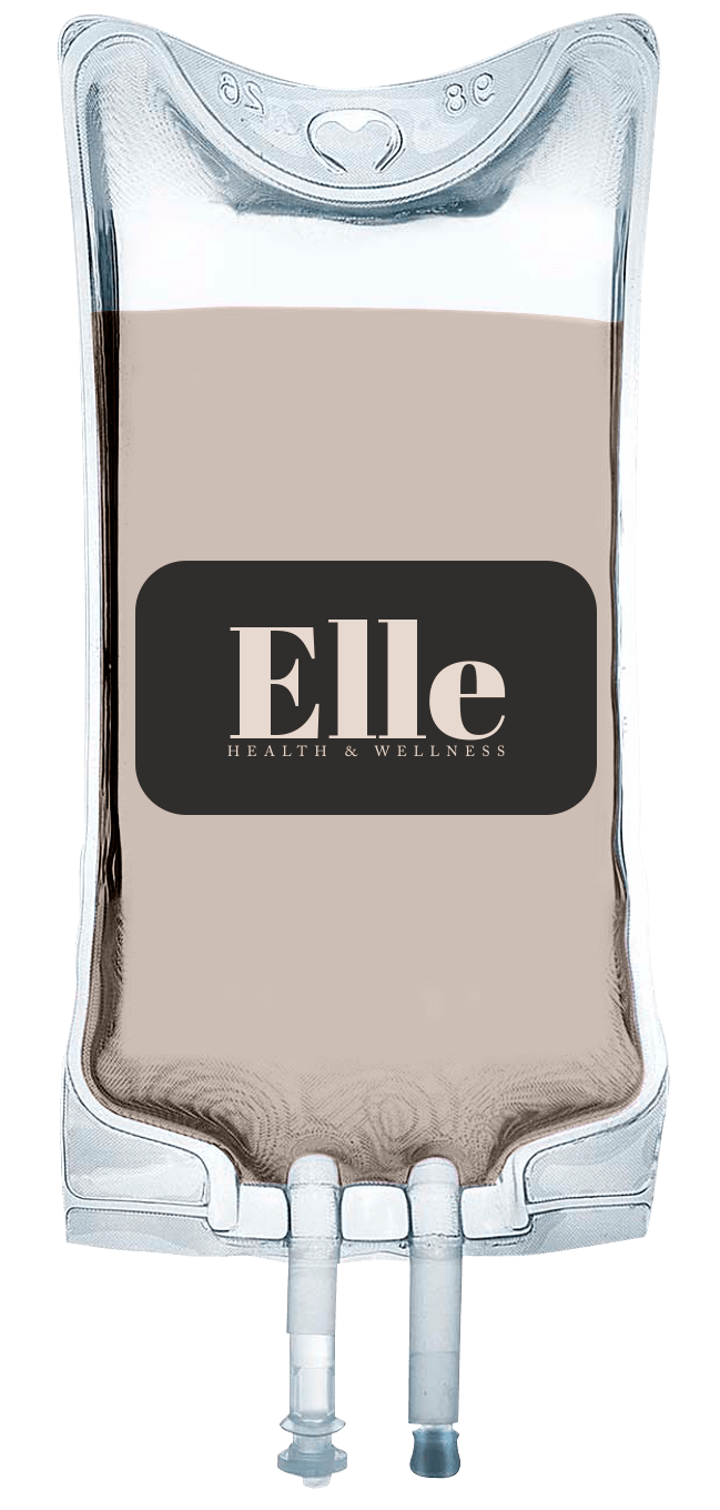 A medical IV bag filled with a beige liquid labeled "Elle Health & Wellness" offers essential vitamins for optimal hydration and energy.