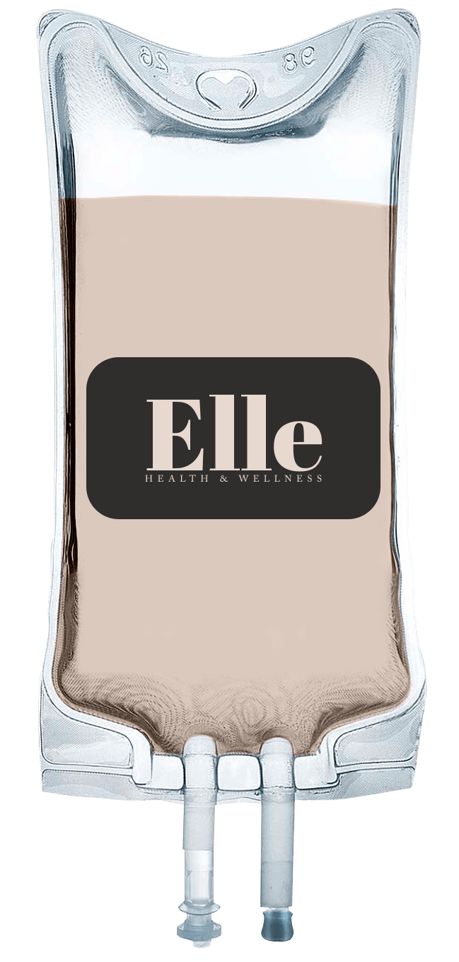 A transparent IV bag labeled "Elle Health & Wellness" containing a beige liquid, perfect for an energy-boosting IV infusion.