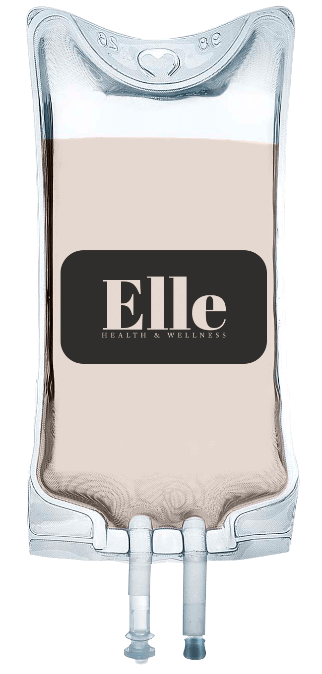 Clear IV fluid bag labeled "Elle Health & Wellness" with beige liquid inside, offering hydration and energy through a revitalizing IV infusion.