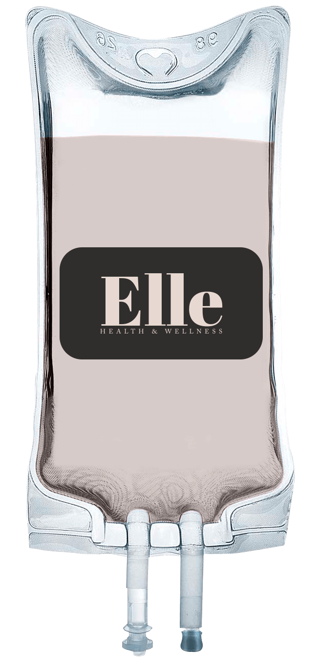 A clear IV bag labeled "Elle Health & Wellness," containing a light pink fluid infused with essential vitamins for optimal hydration.