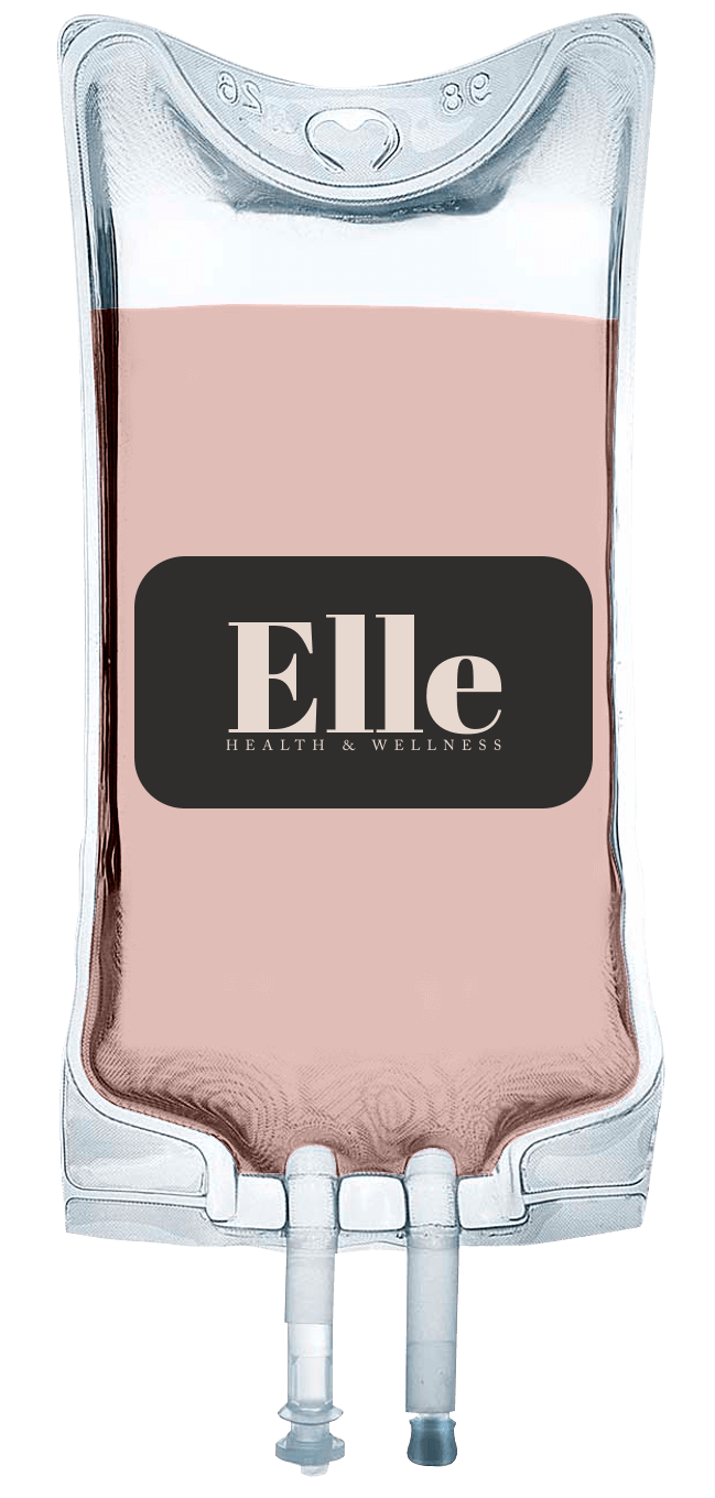 A clear IV bag filled with pink fluid, labeled "Elle Health & Wellness" in black with a white font, promises hydration and energy.