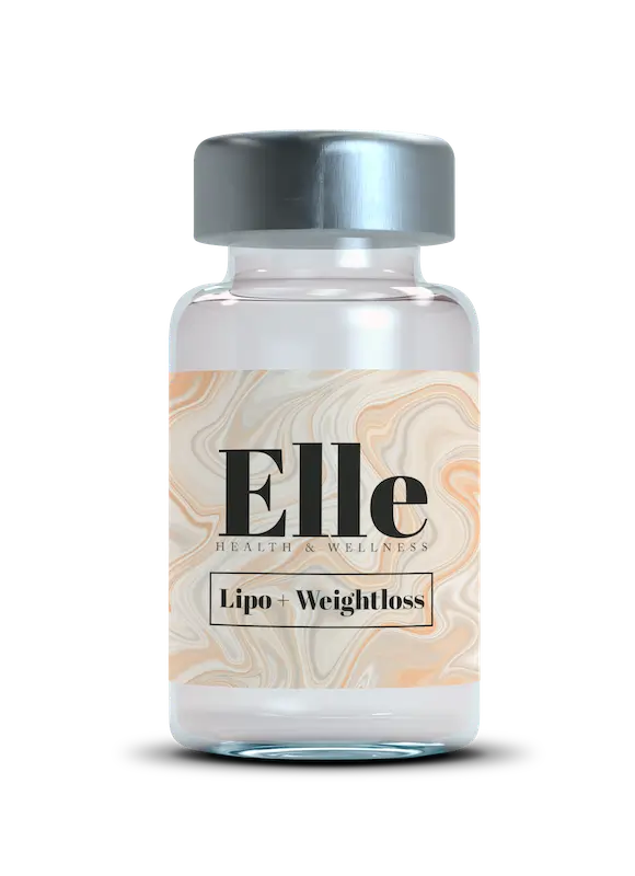 Small bottle labeled "Elle Health & Wellness Lipo + Weightloss" with a beige and orange marbled design. Silver cap on top, promising enhanced energy.