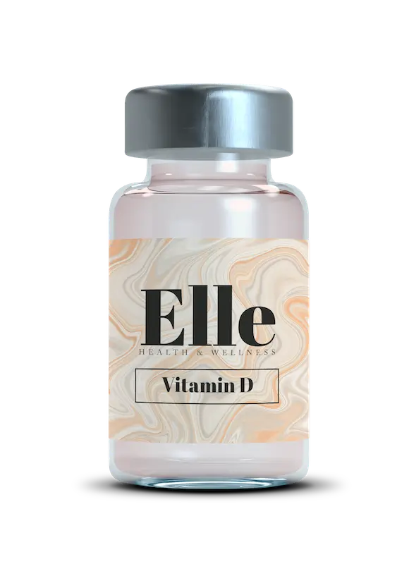 A clear bottle labeled "Elle Health & Wellness Vitamin D" with a silver cap and a marbled beige and white design, promoting immunity.