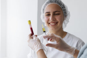 A person in a hair net holds a vial of blood while another person's gloved hands hold a syringe. The person is smiling and wearing a white shirt.